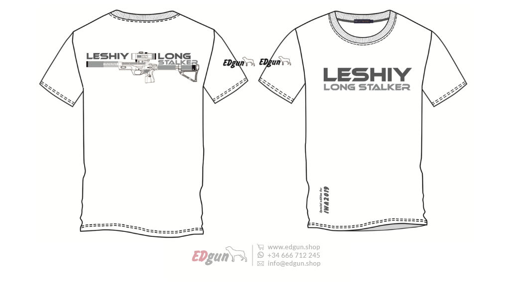 Diagram of T-shirt with Leshiy lettering on the back and an image of an airgun on the front.