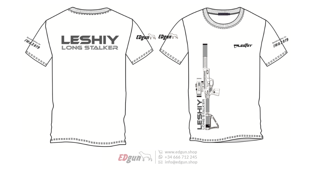 Diagram of T-shirt with Leshiy  lettering on the back and an image of an airgun on the front.