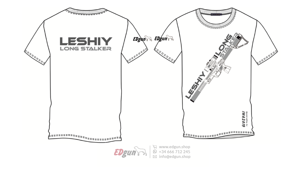 Diagram of T-shirt with Leshiy  lettering on the back and an image of an airgun on the front.