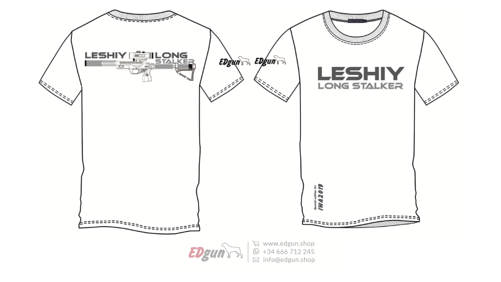 Diagram of T-shirt with Leshiy  lettering on the back and an image of an airgun on the front.