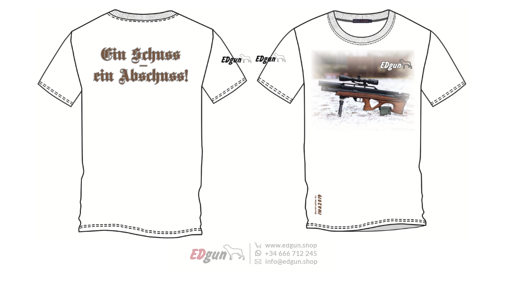 Diagram of T-shirt with German lettering on the back and an image of an airgun on the front.